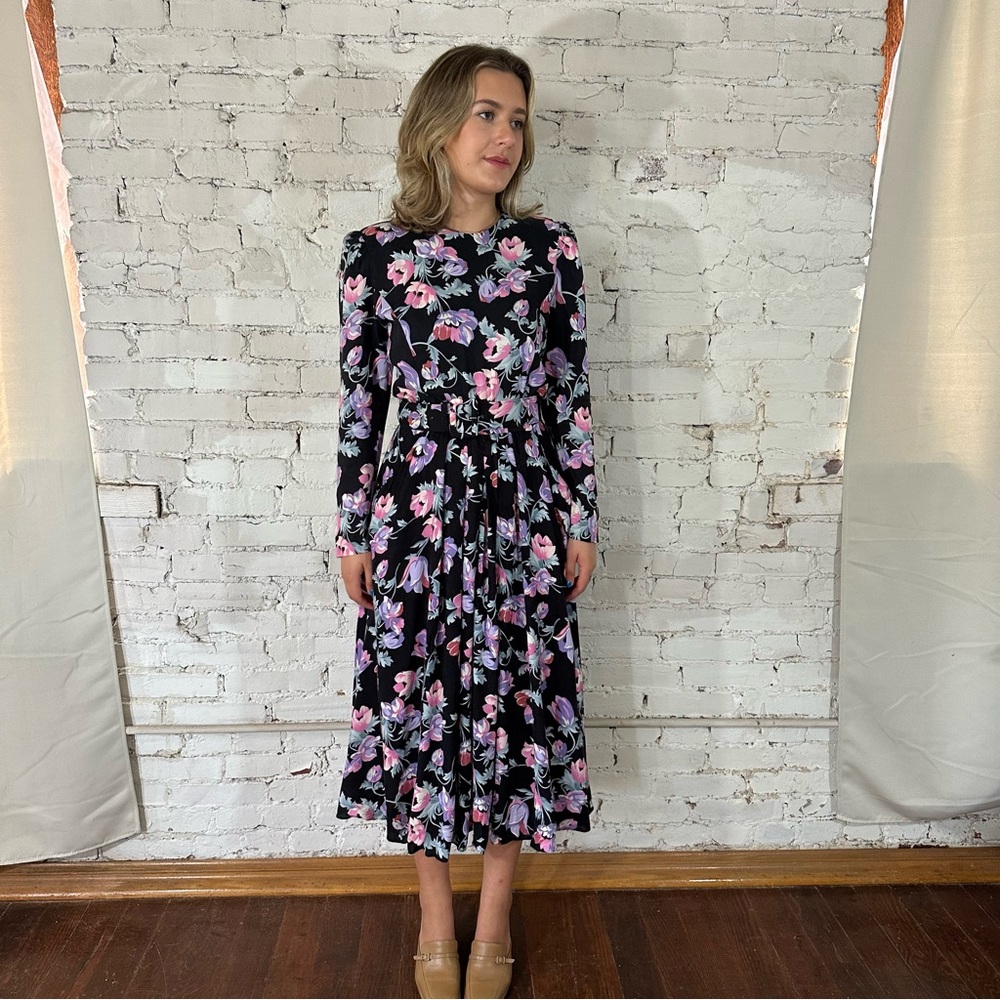 Vintage Black Floral Karin Stevens Belted Dress S/M